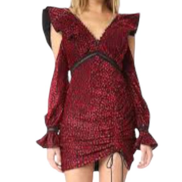 Beulah Red Black Stunning Runway Ruffle V-neck Dress Size L - Picture 14 of 14